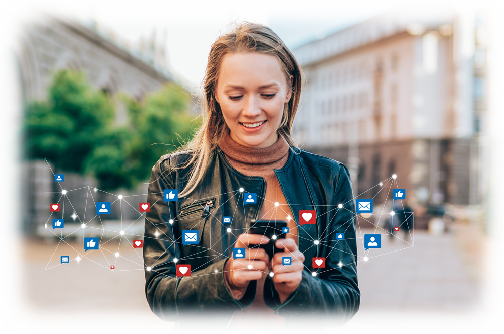 A blonde woman holding her smartphone, while icons of digital sites swirl around her (indicating how connected she is to content).